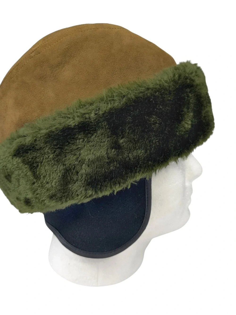 Vintage U.S. Military Cold Weather Cap Hat Faux Fur Trim Olive Brown Size Large